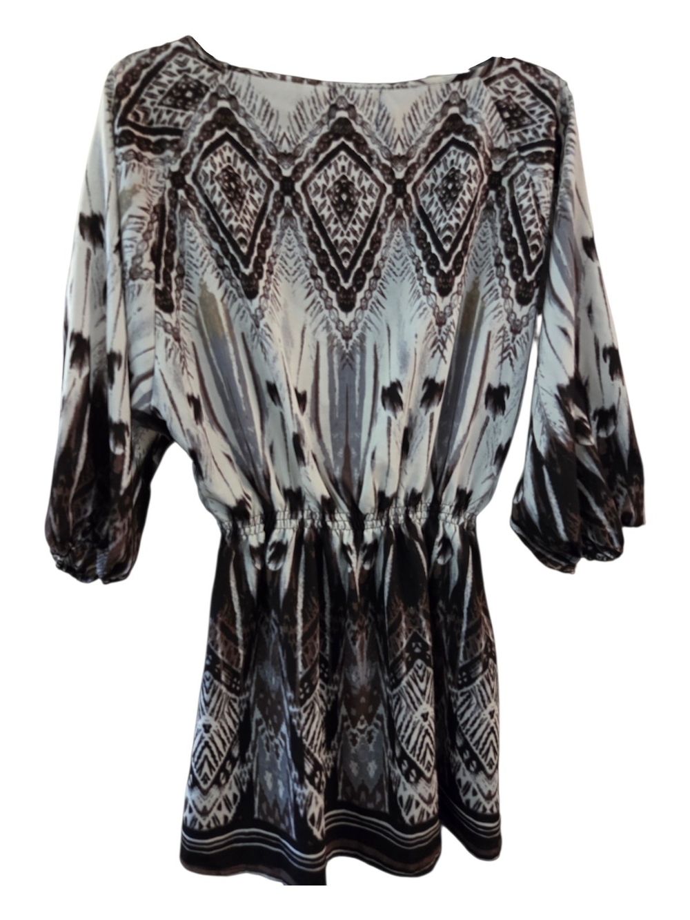 Angie Boho Tribal Patterned Brown and Cream Women’s Tunic - Size L - Picture 2 of 4